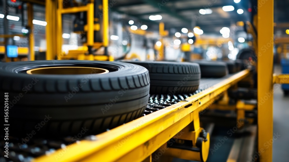 Fototapeta premium Automotive tire production line with moving conveyor, multiple tires in production, side profile view