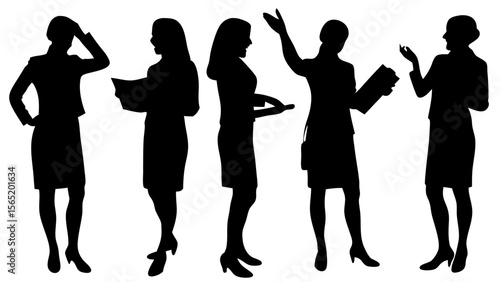 Vector silhouette illustration of businesswomen in various professional poses. Includes standing, walking, presenting, using devices. Ideal for corporate, teamwork, or office design projects.
