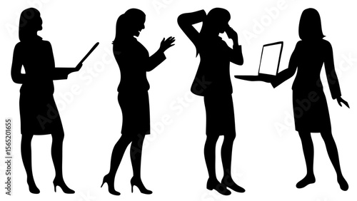 Vector silhouette illustration of businesswomen in various professional poses. Includes standing, walking, presenting, using devices. Ideal for corporate, teamwork, or office design projects.