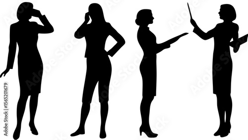 Vector silhouette illustration of businesswomen in various professional poses. Includes standing, walking, presenting, using devices. Ideal for corporate, teamwork, or office design projects.