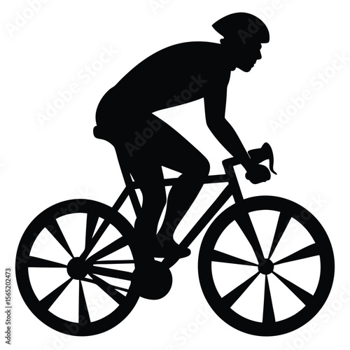 Silhouette of a cyclist wearing a helmet riding a bicycle in a racing stance