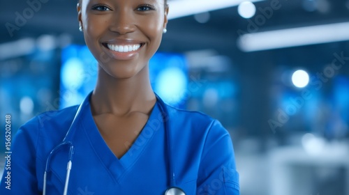 A close-up shot shows a stethoscope hanging around the neck of a worker in the healthcare field