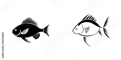 Stylized silhouette pictograms of different fish species isolated on a white background for graphical representation