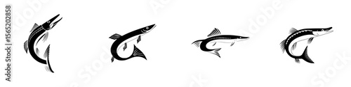Vector icons set of fish silhouettes in various positions, highlighting aquatic life and fishing activities