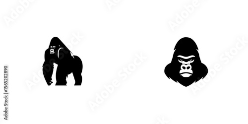 Silhouette pictogram icons of a gorilla in profile and headshot representations suitable for various design projects