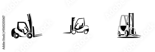 Silhouette pictogram icons set showcasing various forklift designs for industrial applications