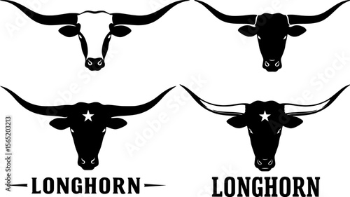 Collection of longhorn cattle skull heads silhouettes with wide horns and typography for western ranch branding symbols collection design