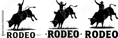 Dynamic rodeo cowboys riding bucking bulls silhouette with typography for western sport action design