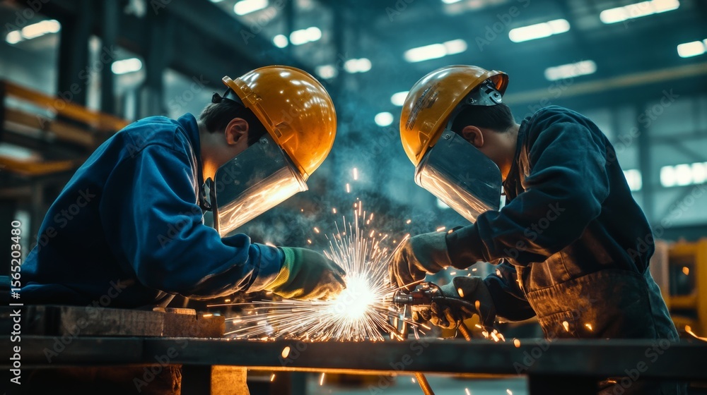 Construction career inspiration scene, mother and son welding together Construction career inspiration scene, mother and son welding together