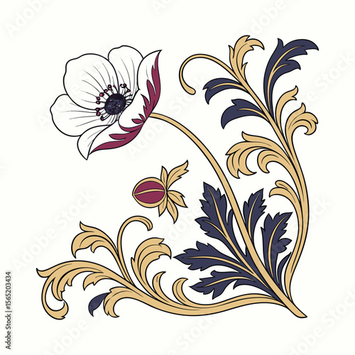 Vintage Baroque Anemone Flower Corner Ornament with Acanthus Scrolls Vector Art