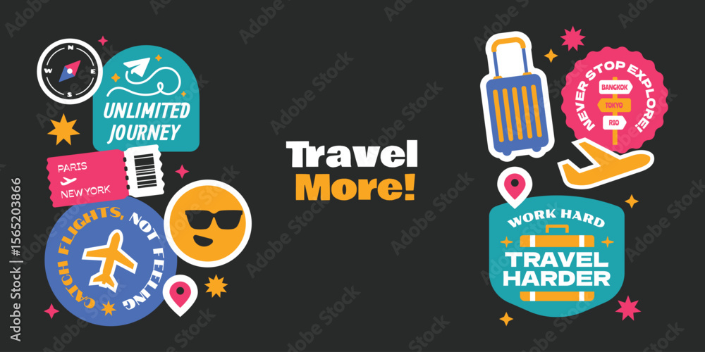 Naklejka premium Travel around the world stickers, patch, badges, logos, stamps collection. Journey and vacations travel quotes.