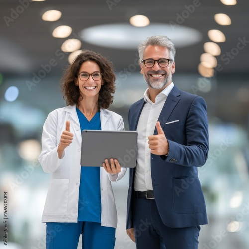 A female doctor with a friendly demeanor, dressed in a white coat, smiles and offers a thumbs-up as she talks about health with a patient at the hospital, making it perfect for healthcare marketing