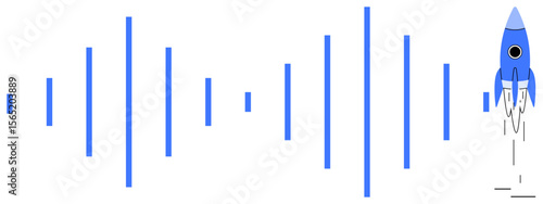 Blue rocket launching alongside soundwave bars symbolizing momentum, growth, and innovation. Ideal for technology, communication, startup, success, growth creative idea progress. Simple flat