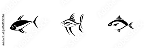 Silhouette pictograms of different fish styles showcasing marine life in a minimalistic design suitable for various applications