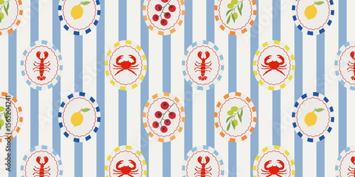 Vintage Mediterranean seamless pattern with crabs, lemon, tomatoes, olives and lobsters in circular frames on Stripes. Coastal summer marine print for fabric, wrapping paper, and beach decor.