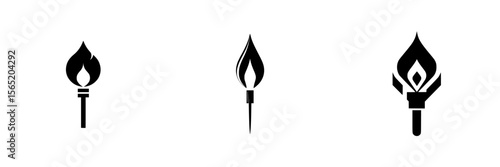 Set of three silhouette pictograms featuring torch designs in black and white