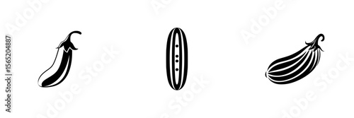 Silhouette pictogram set featuring eggplant, cucumber, and squash in isolated vector design