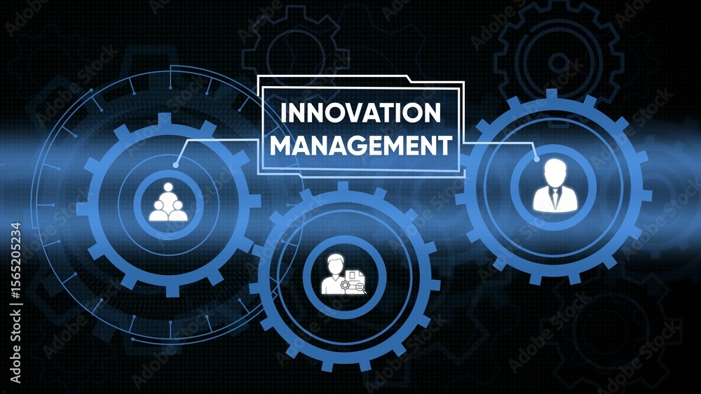 Innovation management concept depicted with gear icons and business personnel illustrations Innovation management concept depicted with gear icons and business personnel illustrations