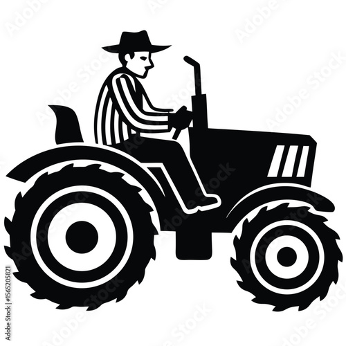 Farmer in a hat driving a tractor on a white background