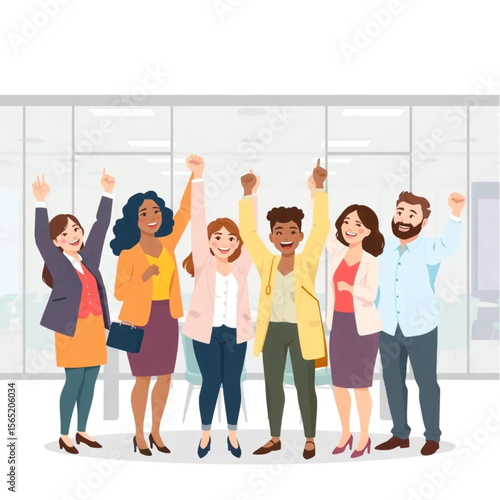 A group of seven coworkers are celebrating a team win. They are in a modern workspace with glass walls and open layouts.