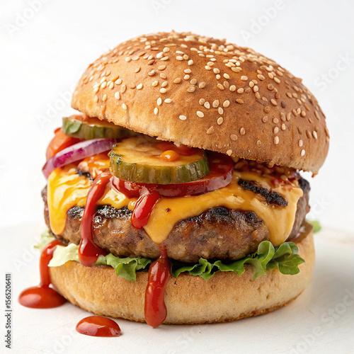 Juicy Cheeseburger with Sesame Bun, Melted Cheese, and Ketchup Drizzle.