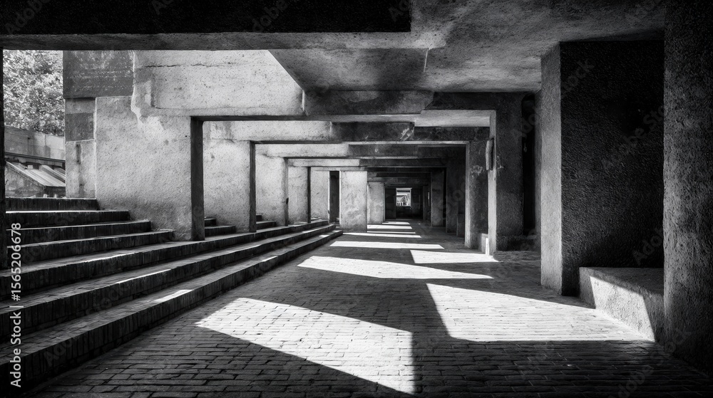Fototapeta premium Brutalist Corridor with Layered Concrete and Long Shadows