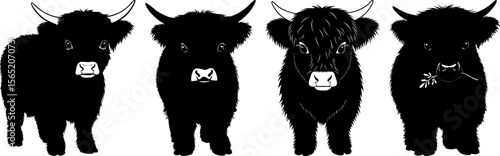 Charming collection of highland cattle silhouettes with big eyes and small horns showcases their distinctive shaggy coats create cute bovine character design collection