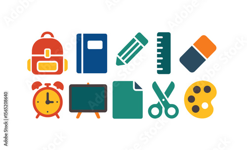 Colorful back to school glyph icons set featuring classic education tools