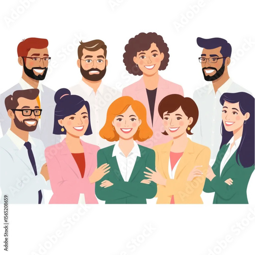 A group of ten team members are preparing for a client pitch. Everyone is smiling or nodding, showing active participation.