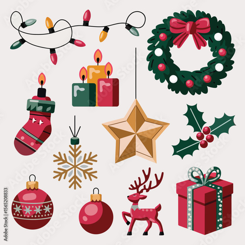 vector Happy New Year Celebrating 2025 in Latin letters , Christmas Decoration Items Santa Claus