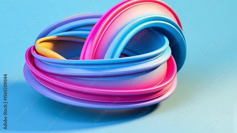 Colorful abstract sculpture made of intertwined ribbons in shades of pink, blue, and yellow against a light blue background. Colorful abstract sculpture made of intertwined ribbons in shades of pink, blue, and yellow against a light blue background.
