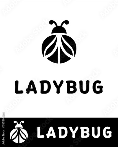 A modern and minimalistic black ladybug logo featuring a symmetrical design with leaf-like wing patterns and antennae