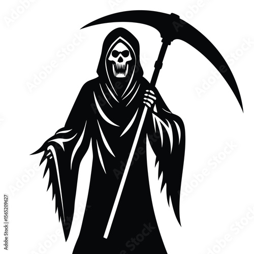 Grim reaper with scythe silhouette on white background