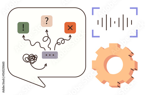 Speech bubble showing confusion paths, question mark, exclamation mark, and X. Gear symbol for process, audio waveform for clarity. Ideal for brainstorming, communication, workflow troubleshooting