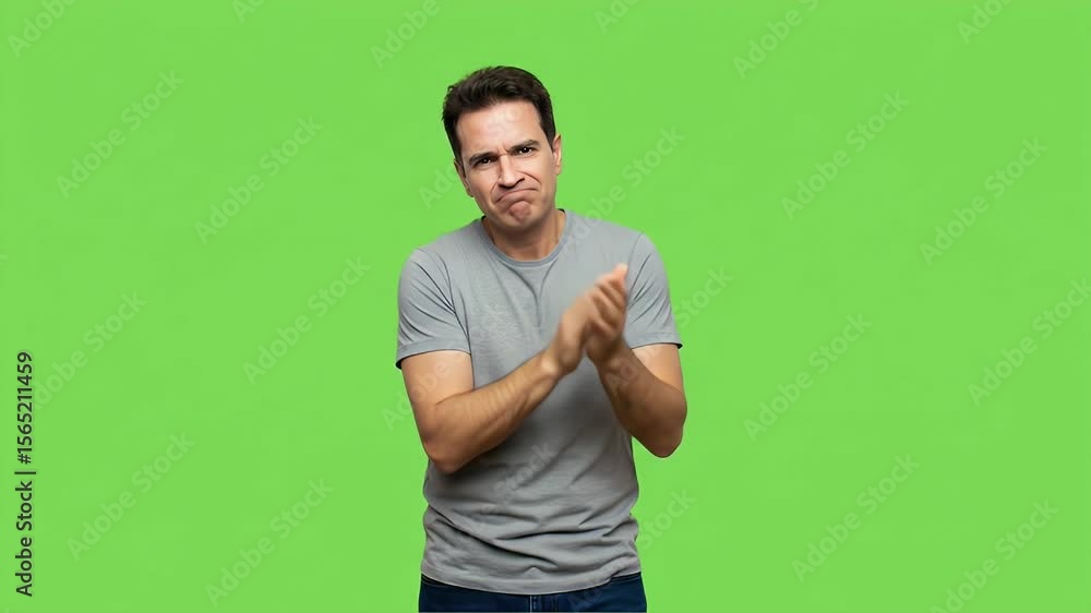 Sarcastic Man Clapping with Displeased Expression on Green Screen. (AI Generated) Sarcastic Man Clapping with Displeased Expression on Green Screen. (AI Generated)