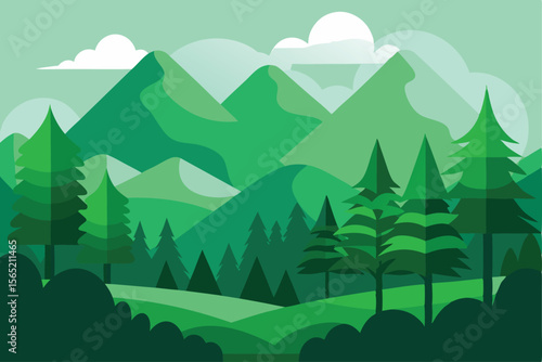 Serene Green Mountain Landscape Flat Design Illustration