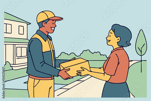 Delivery worker handing a box to a happy customer at residential house