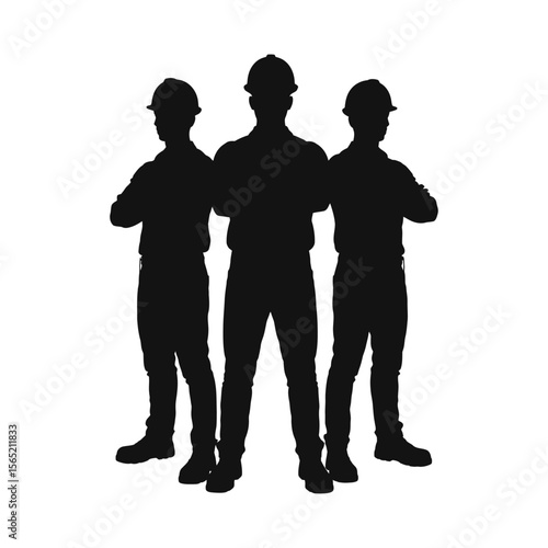 Three construction workers with arms crossed silhouette isolated on white background