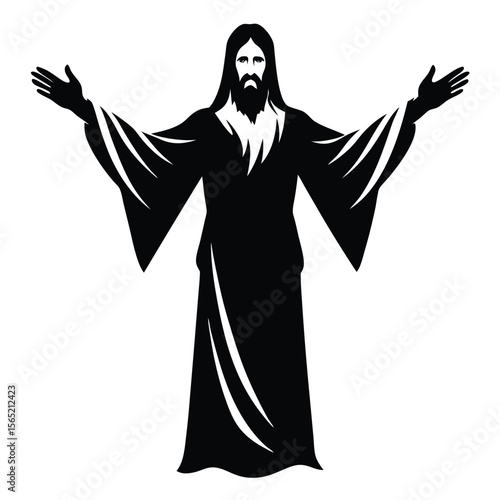 Stylized black silhouette of jesus christ with arms raised in welcome