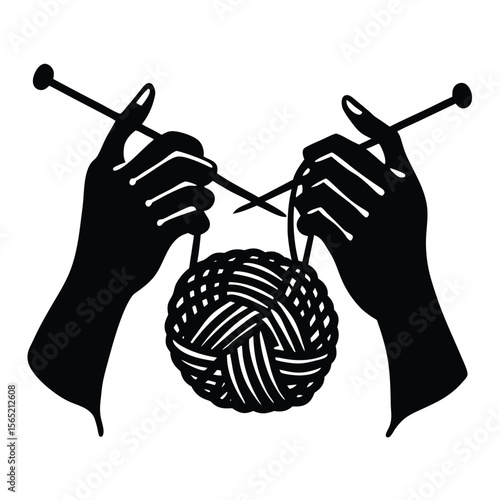 Silhouette of hands knitting with yarn and needles creating a ball of wool