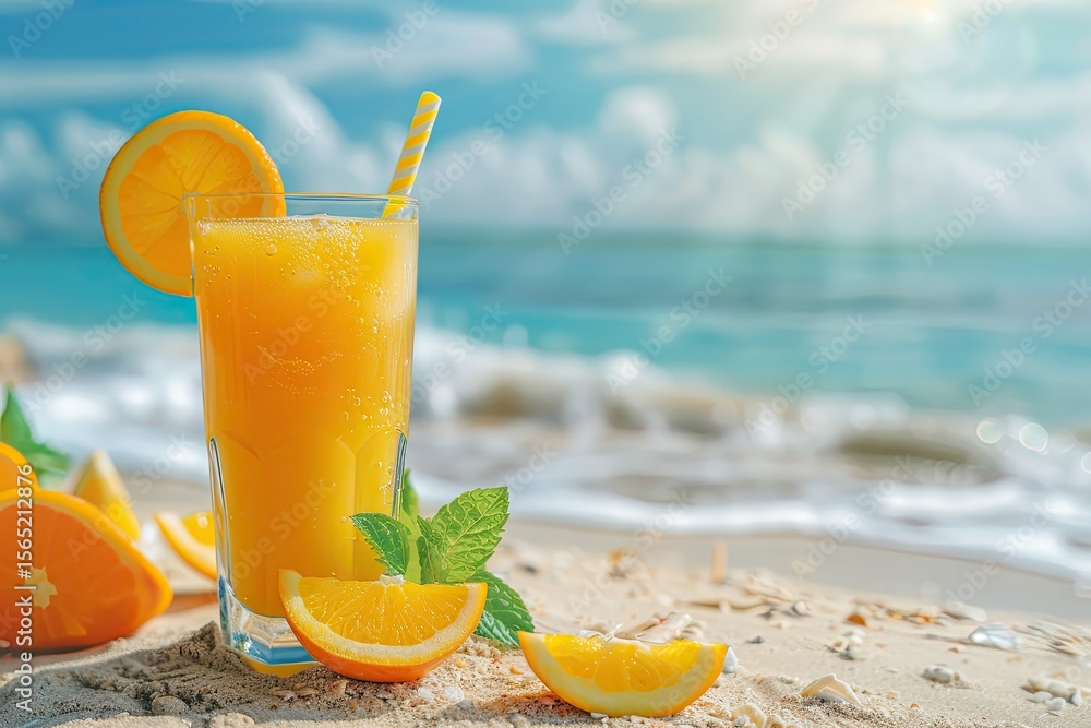Fresh Summer Drink of Orange Juice on Beach and Tropical Forest Background Fresh Summer Drink of Orange Juice on Beach and Tropical Forest Background