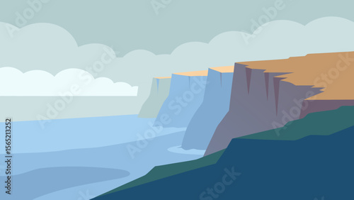Aerial view of a misty mountain landscape at sunrise, with a lake and clear sky