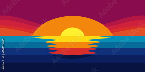 Golden sunset paints the ocean and sky with red and orange hues as the sun dips below the horizon, casting a vibrant reflection on the water