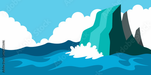 A captivating vector illustration blends a serene sea with majestic mountains under a vast sky, capturing the essence of a summer landscape