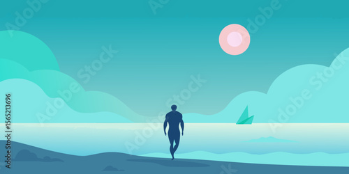 Surf's up: a surfer rides a blue ocean wave under a summer sky illustration