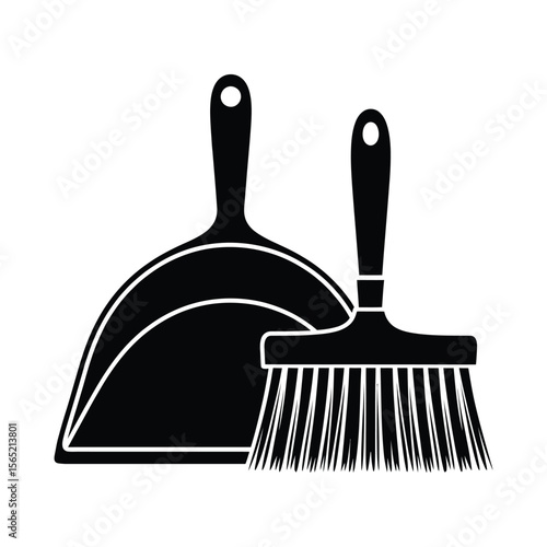 Black silhouette of a dustpan and brush cleaning tools isolated on white background silhouette