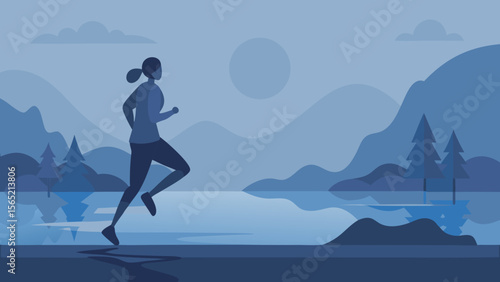 Silhouette illustration of a person on the beach with the sky and sea, or a woman doing sport in the water