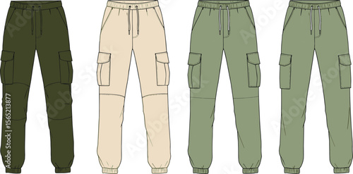 Men’s cargo jogger pants front view flat sketch, elastic waist, patch pockets, drawstring closure, casual wear fashion illustration flat vector illustration