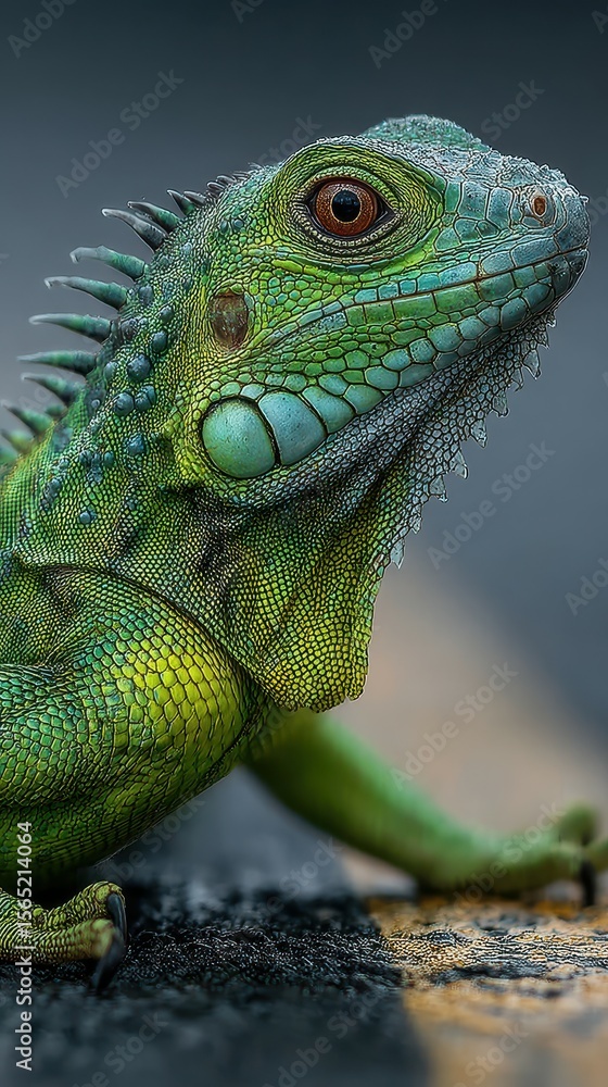 Fototapeta premium Vibrant green lizard resting on a textured surface in a natural light setting