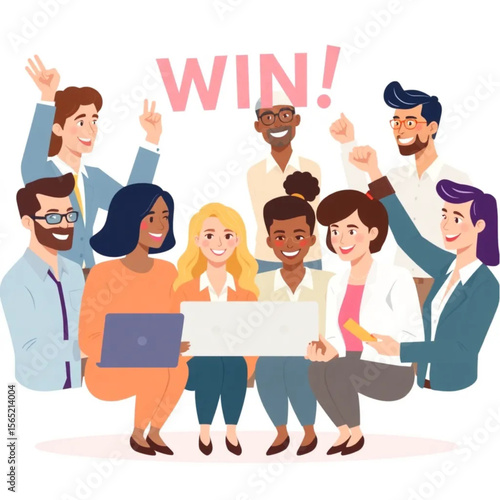 A group of eight colleagues are celebrating a team win. They appear focused and collaborative, with laptops and notes in front of them.